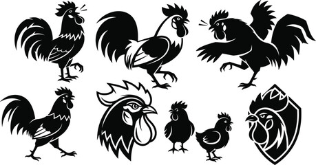Naklejka premium Rooster and Chicken Silhouette Icon Set with Fighting, Standing, and Shield Poses for Farm, Animal, and Poultry Graphic Designs