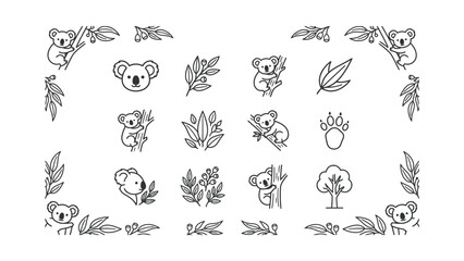 Fototapeta premium Cute Koala Icons and Elements Set Outline Art