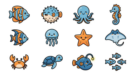 Cartoon sea creature icons for aquatic theme designs. © Bagas