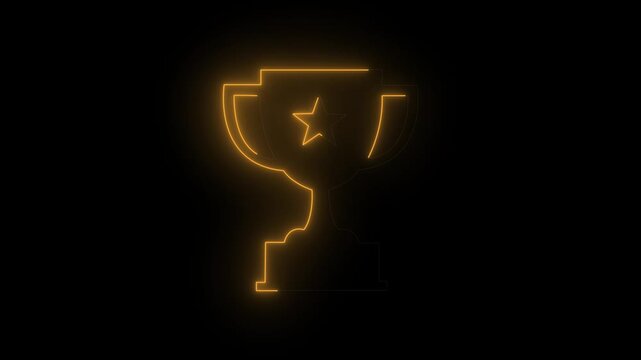 Bright orange neon glowing championship trophy cup animation. Perfect for awards, victory, business success, sports.