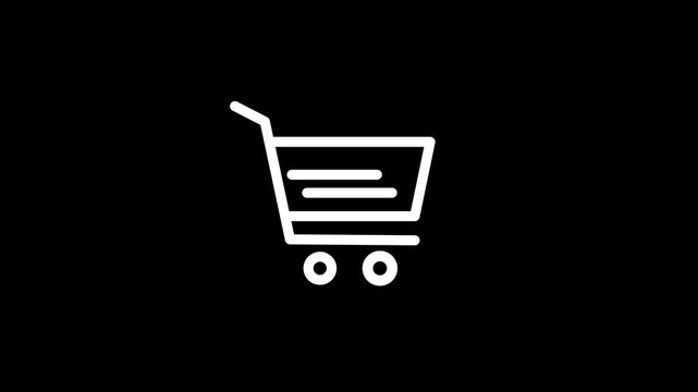 Minimalist white line art shopping cart icon animation on black.e-commerce, online store apps, and business.4k video.