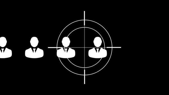White line art cross hair targeting three user profile icons. Perfect for target audience, recruitment, marketing, and 4k animation.