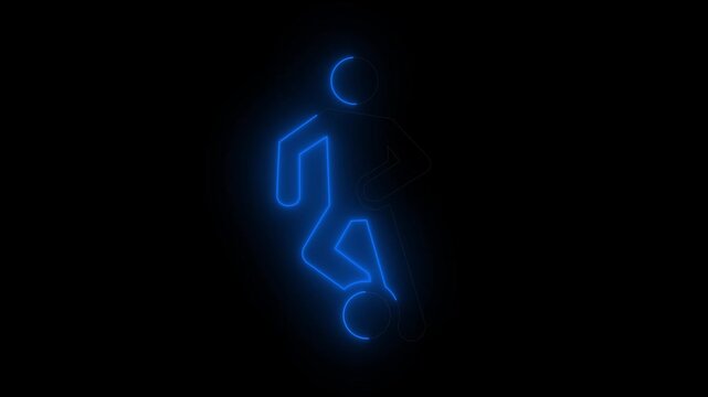 Energetic neon blue glowing stick man figure jumping and celebrating. Great for joy, success, dance, fitness, and active human