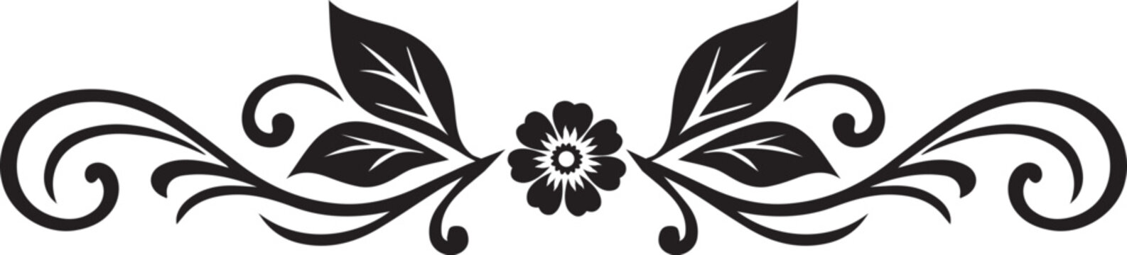 Black floral flourish divider with leaves and flower Vector, illustration