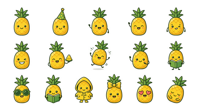 Cheerful pineapple character set with different facial expressions.