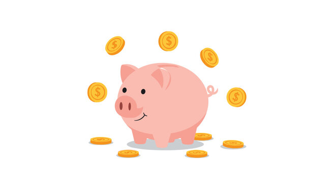 Pink piggy bank with a happy expression surrounded by falling gold coins representing savings and financial success.