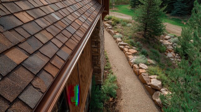 Close-up of asphalt shingle roof with copper gutter and scenic gravel garden path