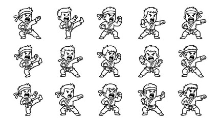 Cartoon karate student martial arts move line set. © Bagas