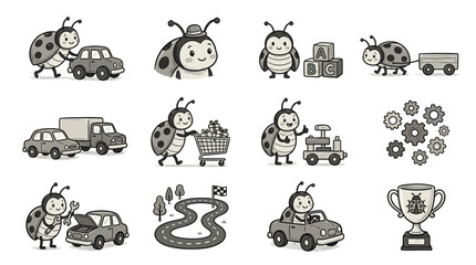 Cartoon ladybug characters with cars and toys icons. © Bagas