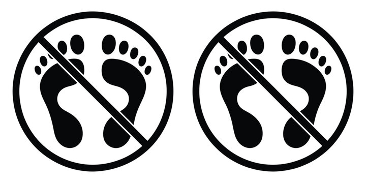 Footwear restriction sign featuring no shoes, no walking allowed symbol, safety warning, restricted area notice, and access control regulations.