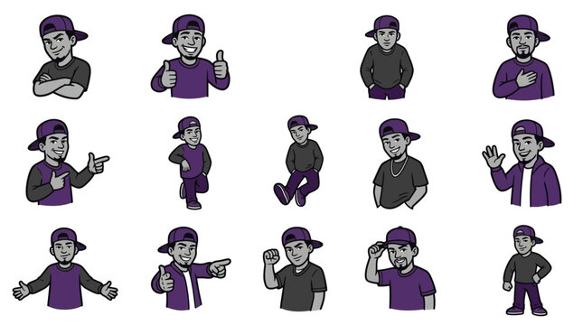 Cartoon hip hop characters in purple and grey outfits.