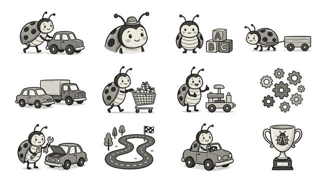 Cartoon ladybug characters with cars and toys icons.