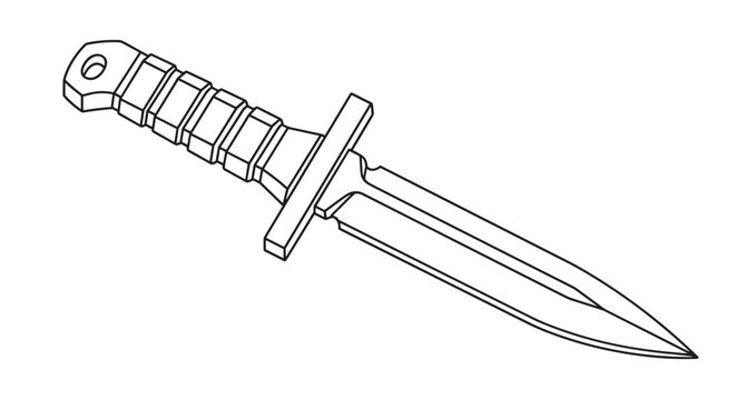 Detailed line drawing of a tactical combat knife with a serrated handle and a sharp pointed blade for survival or military use.