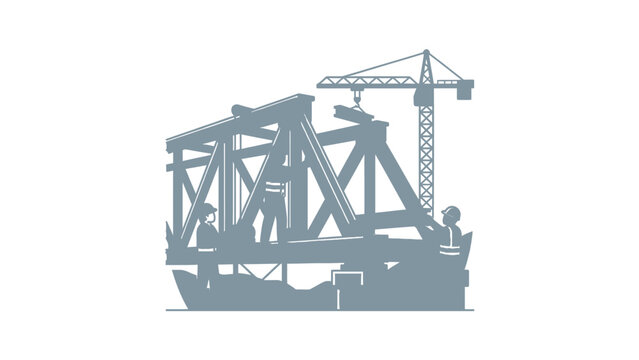 Bridge Construction Silhouette with Crane and Workers