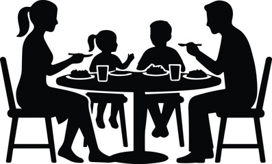 Fototapeta premium Happy Family Having Dinner Together at Dining Table Black Silhouette Vector Illustration