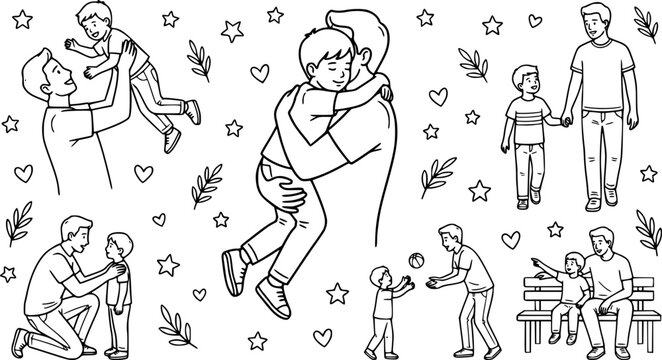 set of black vector father and son, father and child silhouette, ather hugging son, bonding, holding up, playing, outline coloring book page line art drawing silhouettes See Less
