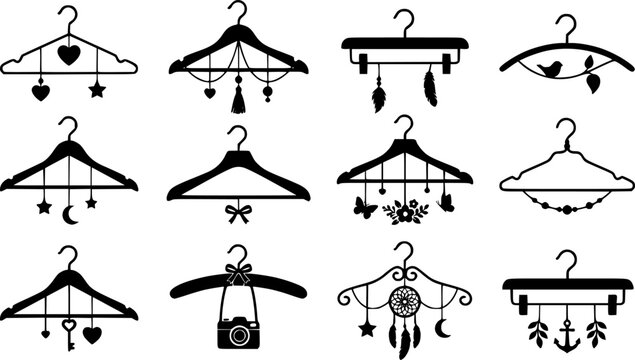 set of Different clothes hanger Vector Black silhouettes collection, Clothes Hangers with Hanging Decorations,
