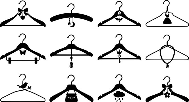 set of Different clothes hanger Vector Black silhouettes collection, Clothes Hangers with Hanging Decorations,

