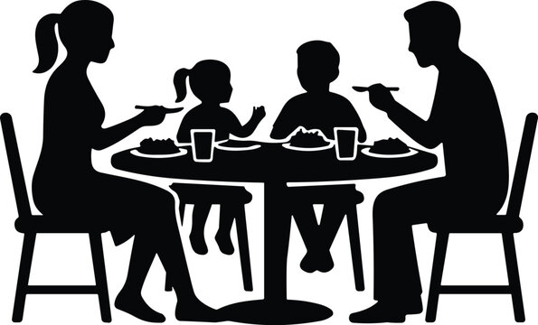 Happy Family Having Dinner Together at Dining Table Black Silhouette Vector Illustration