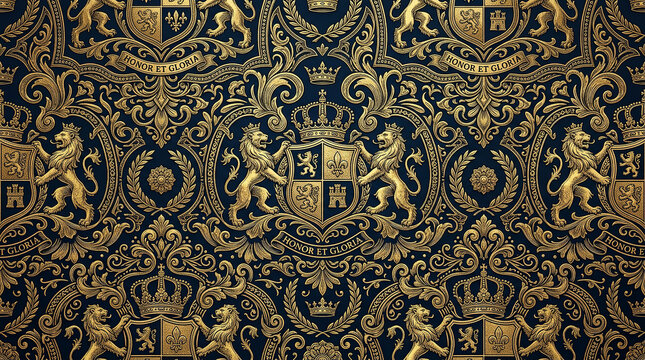 Seamless vintage pattern of golden heraldic lions, crowns, shields, and ornate floral scrolls on dark background.