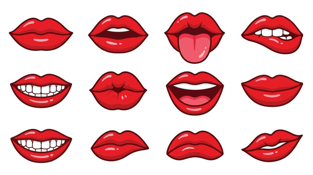Colorful set of diverse vector graphic lips showing various expressions and emotions in pop art style