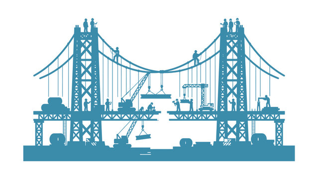 Suspension Bridge Construction Site Silhouette Workers Cranes Building Project