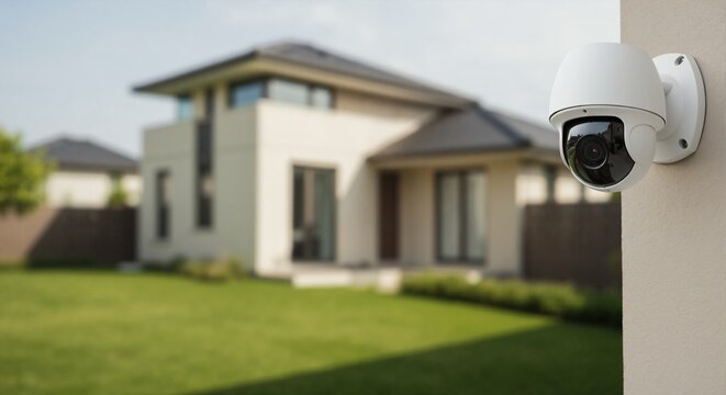 Close-up of CCTV security camera on house exterior. Smart home surveillance system for property protection and safety.