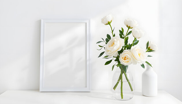 Home interior with decor elements. Mockup with a white frame and white peonies in a vase on a white background, angled photoshot. White tone