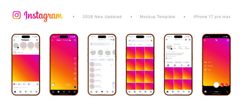 2026 new updated Instagram social media UI mockup collection with iPhone 17 Pro Max screen templates
