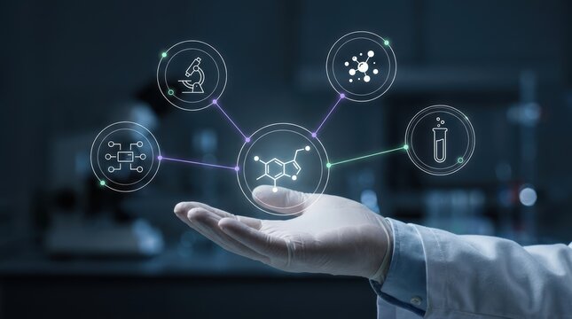 Scientist presenting holographic scientific interface for medical biotechnology research, laboratory modern technology business concept