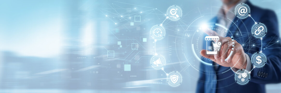 Businessman touching mobile commerce dashboard and networking data, smartphone payment solutions, digital shopping experience, online retail and fintech innovation