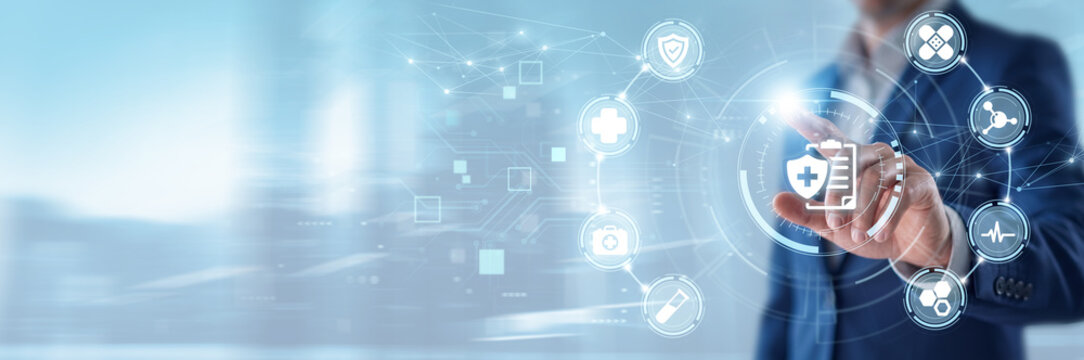 Businessman touching medical insurance analytics and networking data, healthcare protection systems, financial risk management, digital health coverage solutions