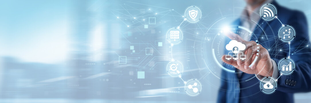 Businessman touching network administration dashboard and networking data, IT infrastructure management, cybersecurity monitoring systems, secure digital communication technology