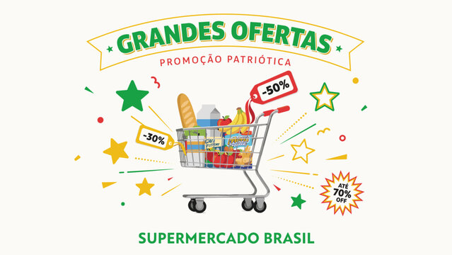 Grandes ofertas promotion with a full shopping cart and discounts.