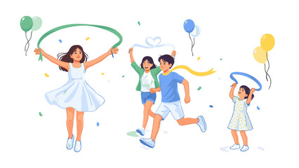 Fototapeta premium A joyful celebration with a group of people crossing a finish line with ribbons and balloons.