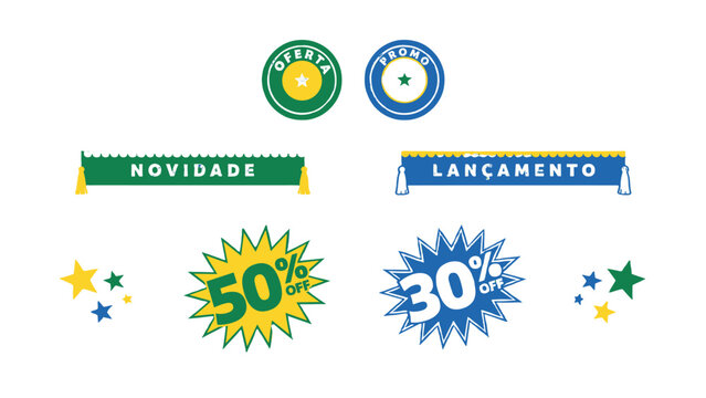 A collection of sales and promotion labels, including Oferta, Novidade, Lan&ccedil;amento, 50% Off, and 30% Off.