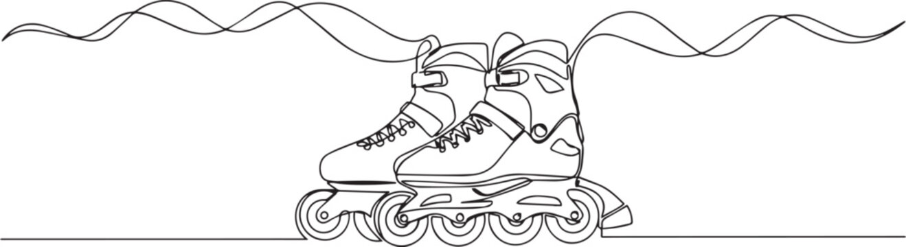 Inline skates with wheels and laces in a oneline drawing style on white background
