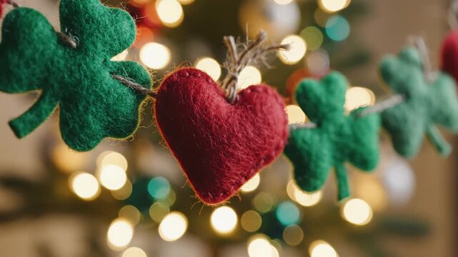 Close-up video of a handmade garland with green felt shamrocks and a heart hanging on a string. Festive St. Patrick's Day home decor and DIY holiday ornament for celebration.