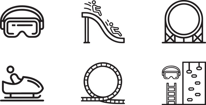 icons of people wearing goggles and riding roller coasters and snowmobile