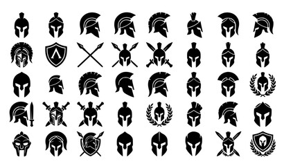 Spartan Helmet Black Silhouette Icon Set Ancient Warrior Vector Collection © Md