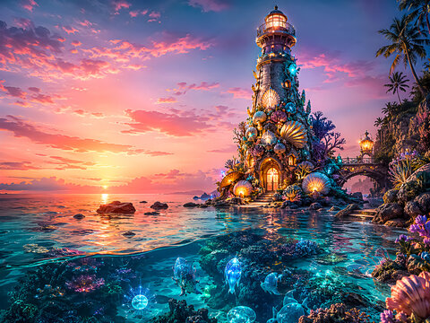 Fantasy Shell Lighthouse with Underwater View at Sunset