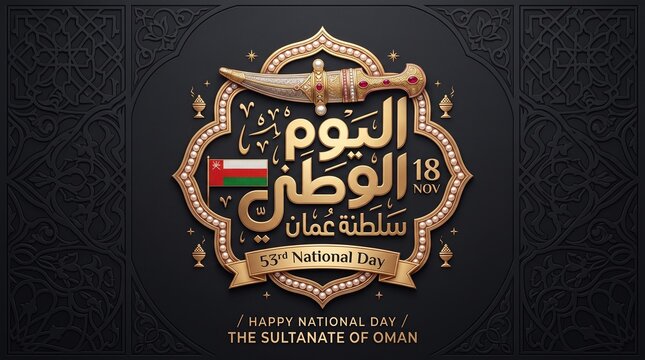 Oman National Day, 18th, celebration, Arabic calligraphy, Sultanate of Oman flag, gold emblem