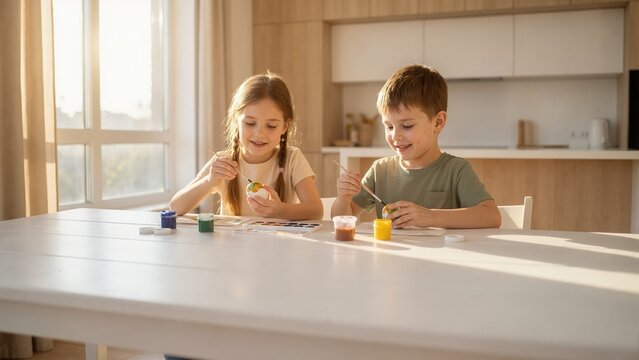 Two children painting Easter eggs at white table in sunlit kitchen. Smiling siblings decorating eggs for spring holiday celebration. Creative kids craft activity at home