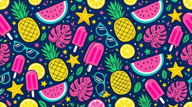 Tropical summer pattern with pineapples watermelon popsicles and sunglasses