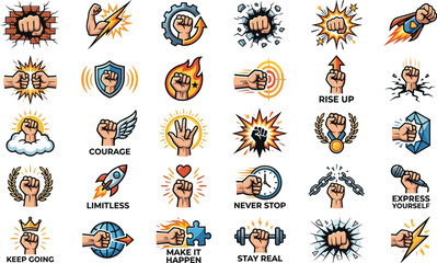 Fototapeta premium Motivational Power Fist Icons Collection with Success, Strength, Courage and Achievement Vector Designs