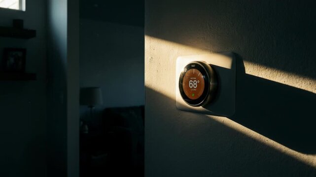 Smart thermostat mounted on a wall in a living room. Digital device regulating home temperature, displaying current settings during a sunny afternoon light beam.