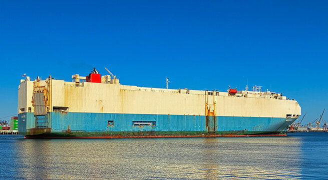 Los Angeles, California USA - June 18, 2026: Vehicle carrier ship Martorell called a Roll On Roll Off or RoRo transporter in Port of Los Angeles. The stern shows the loading and unloading vehicle ramp