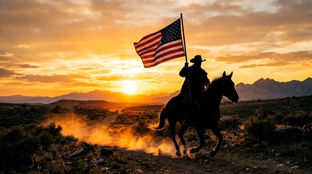 Silhouette of a cowboy riding a horse carrying an american flag