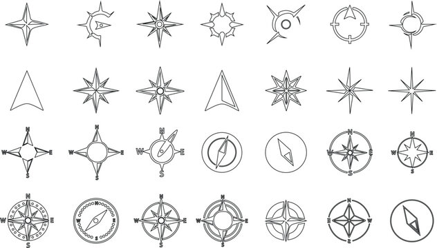Compass and navigation icon set in line style, directional rose and orientation symbols collection, black monochrome vector illustration isolated on transparent background