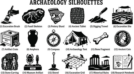 Archaeology Excavation Silhouette Icon Set – Ancient Artifacts, Fossils and Historical Research Vector Collection © Milon